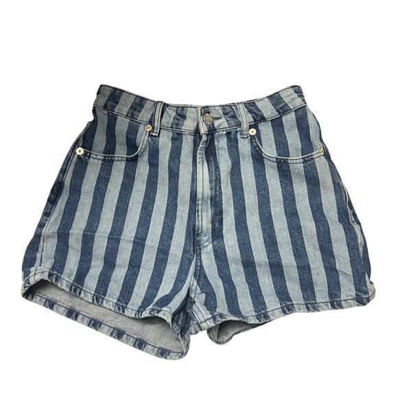Zara High Rise Blue Striped Denim Shorts Size US 6 - Picture 1 of 3